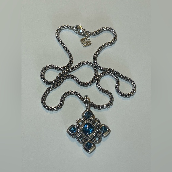 David Yurman Sterling Blue Topaz Diamond Accent Maltese Cross Pendant Box Chain - Picture 2 of 10